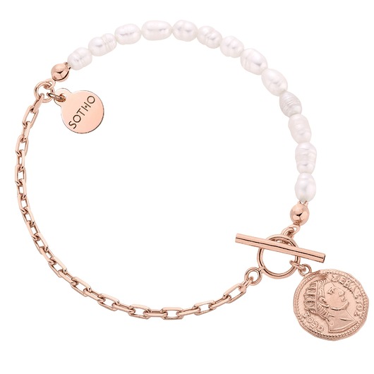 bransoletki złote Bransoletka z pereł naturalnych zdobiona monetą z różowego złota