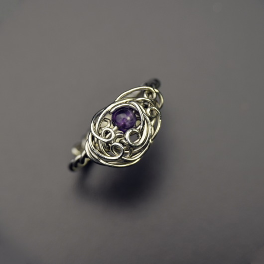 Pierścionek regulowany ametyst wire wrapping Agata Rozanska