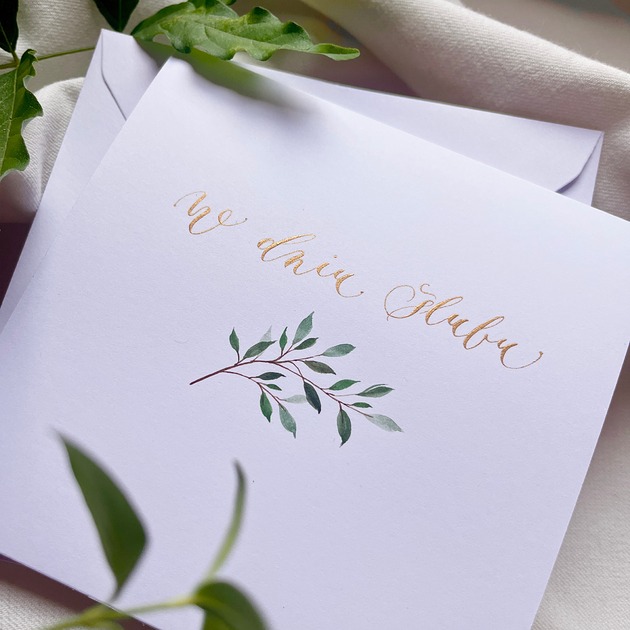 kartki scrapbooking Kartka ślubna ręcznie malowana i kaligrafowana z gałązką