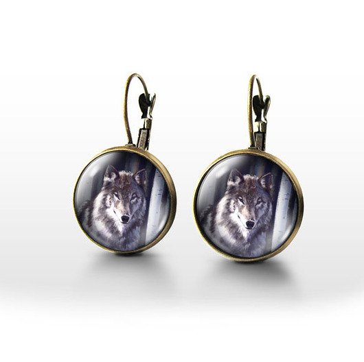 kolczyki szklane Kolczyki - Szary wilk - brąz