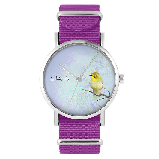 zegarki damskie Zegarek - Żółty ptaszek - amarant, nylonowy