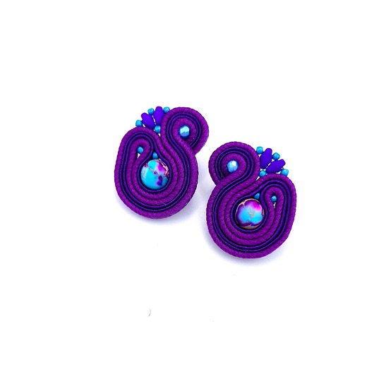 kolczyki soutache Largo kolczyki sztyfty sutasz z jaspisem fioletowo turkusowe małe lekkie