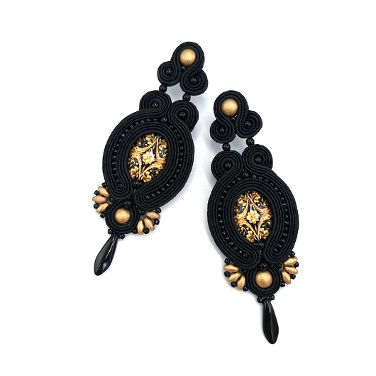 kolczyki soutache Layla czarno złote wieczorowe barokowe długie kolczyki sutasz