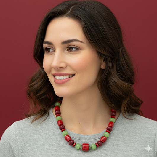 korale Unikatowy naszyjnik z dużymi kamieniami koral i jadeit srebro 925