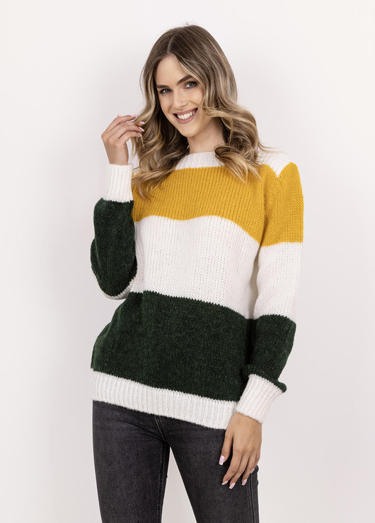 swetry damskie  Sweter w szerokie, kontrastowe pasy - SWE290 ecru/ciemny zielony/żółty MKM