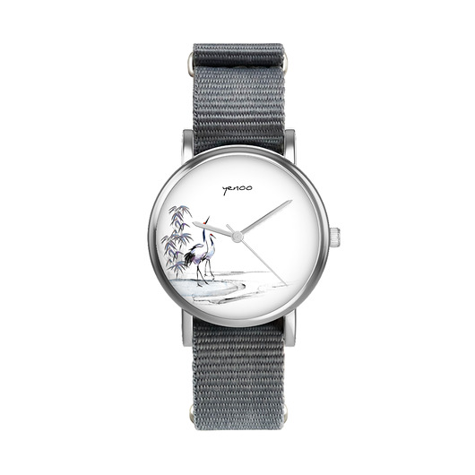 zegarki unisex Zegarek mały - Japońskie żurawie sumi-e - nylonowy, szary