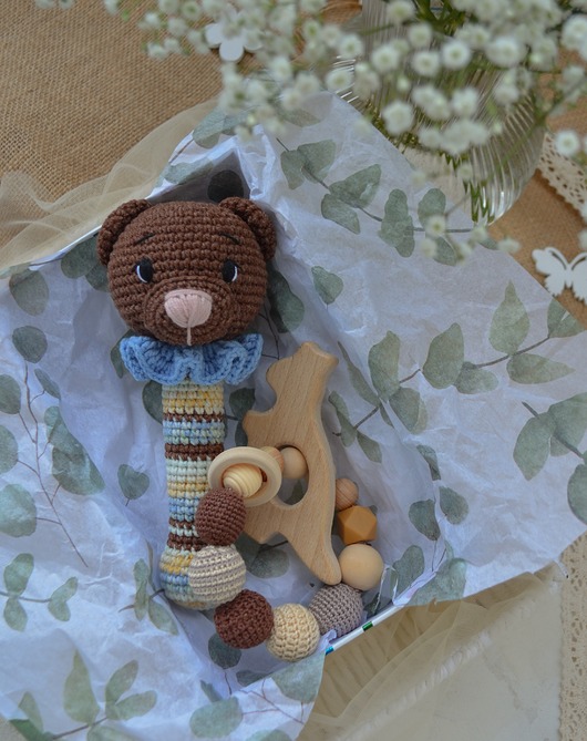 niemowlak - inne Zestaw prezentowy dla niemowlaka, Grzechotka miś, Prezent dla noworodka