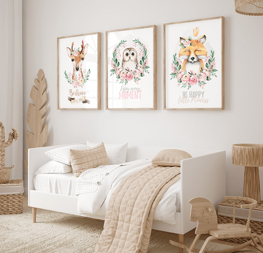obrazy i plakaty Plakaty do pokoju dziecka Leśne zwierzęta z motywem kwiatowym