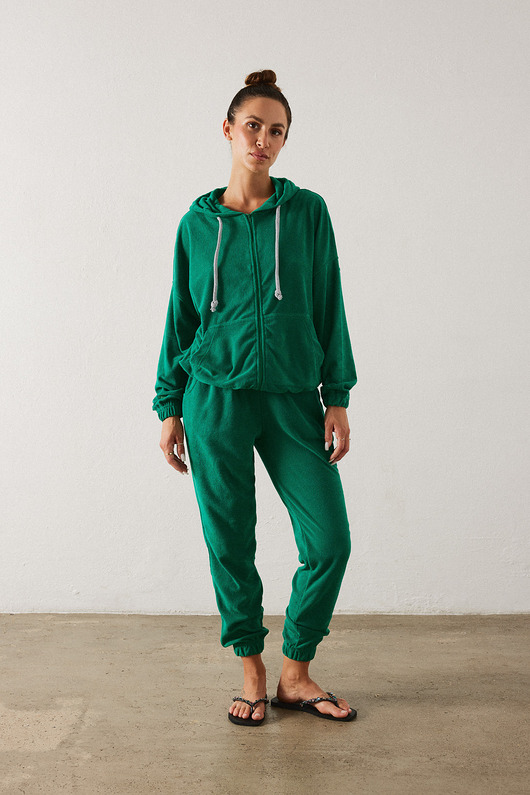 spodnie dresowe damskie Spodnie frotte LUSH GREEN z haftowaną ważką