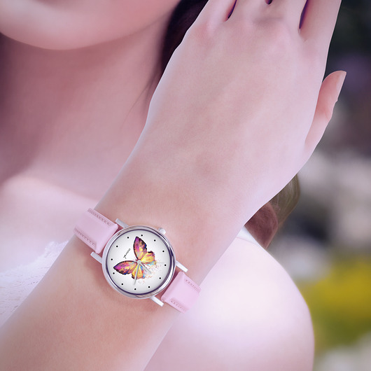 zegarki damskie Zegarek mały - Motyl - skórzany, pudrowy róż