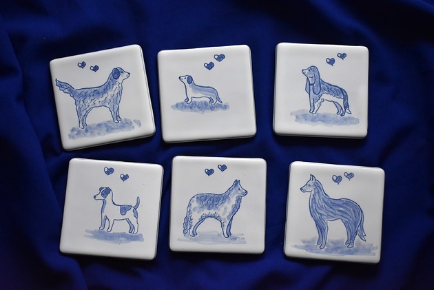 podkładki do kuchni Podkładki pod kubki kafelki psy kobaltowe