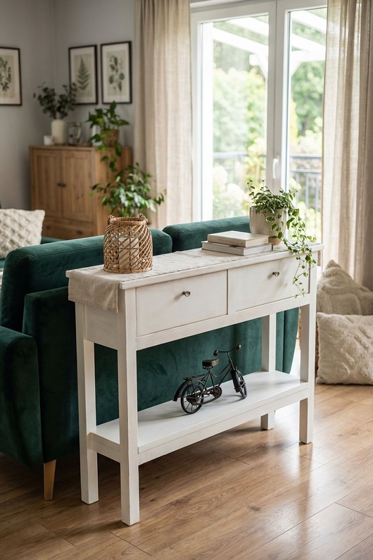 komody Konsolka komoda drewniana biała przecieranay 2 szufladami vintage regał Mel