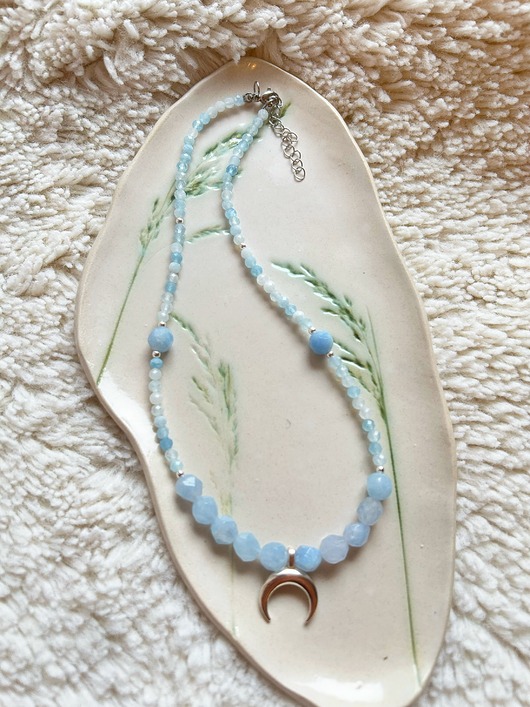 korale Naszyjnik Akwamaryn i Hematyt z Lunulą