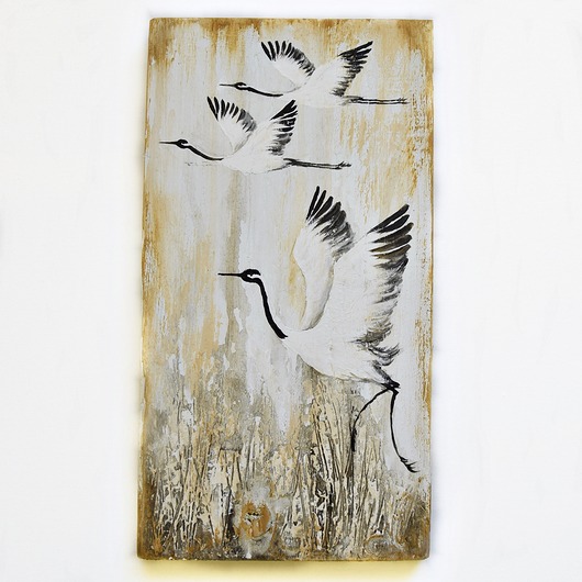 obrazy Żurawie obraz ptaki malowane na desce /26/