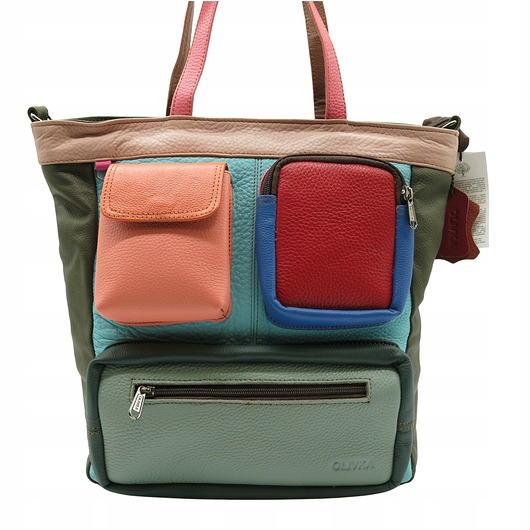 torby na ramię Torebka damska, duża, pojemna, kieszenie, mieści A4, skórzana, OLIVKA