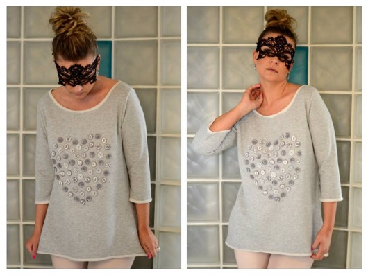 BLUZA SZARA SERCE GUZIKI - handmade - oversize Pudrowy Różowy