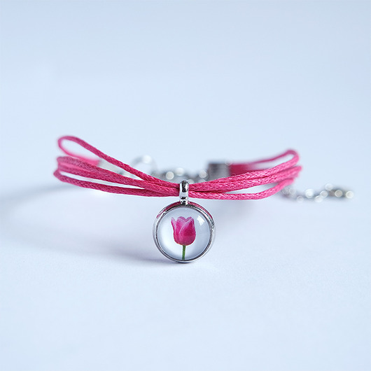 bransoletki ze szkła Bransoletka - Tulipan - sznureczki, różowa