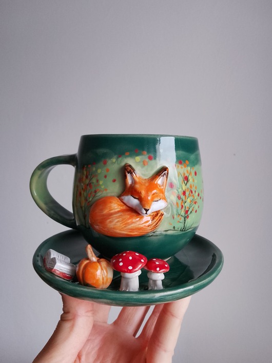 kubki Kubek z lisem plus spodek z grzybkami, las, jesień