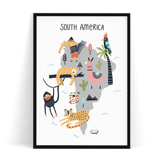 Plakat dziecięcy South America/mapa zwierzęta trochę na ścianę