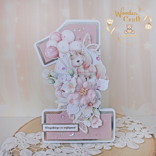 kartki, zaproszenia na chrzest Urodzinowa kartka cyferka, prezent na roczek "Baby Unicorn" GOTOWA