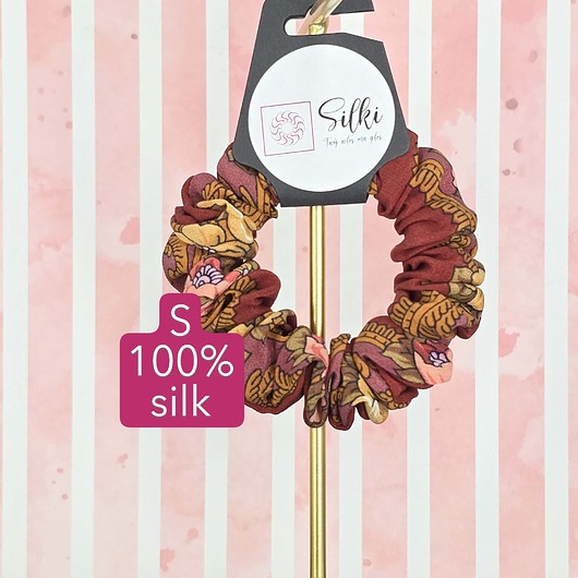 gumki do włosów S wąska gumka jedwabna do włosów jedwab naturalny scrunchie brązowa w kwiaty