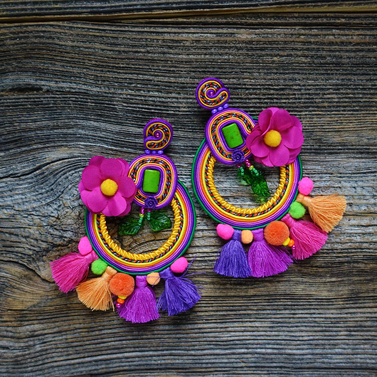 kolczyki soutache Nena-  duże i kolorowe kolczyki soutache z pomponami