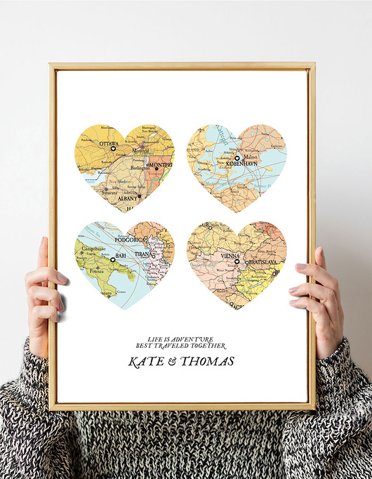 plakaty Plakat Personalizowana mapa PODRÓZE serca 4 miejsca
