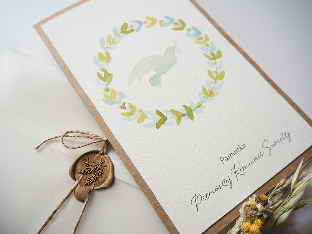kartki scrapbooking Duża Kartka na komunię Gołąbek