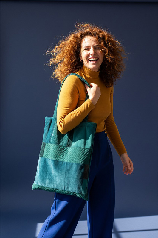 torby na zakupy Welurowa shopperka patchwork butelkowa zieleń unikatowa torba handmade