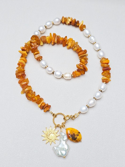 złote naszyjniki Naszyjnik Perłowo Bursztynowo