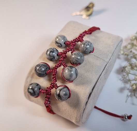 bransoletki wire wrapping Bransoletka gałązka z szarymi jaspisami