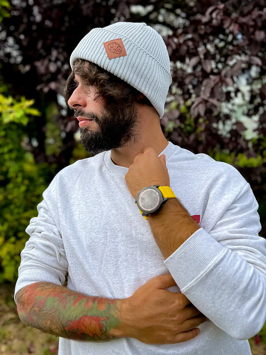 czapki i kapelusze męskie Męska bawełniana czapka beanie logo ekoskórka Jasny szary