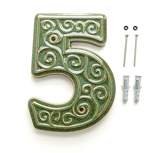napisy dekoracyjne i tabliczki Numer domu, cyfra 5 zielono-brązowa, do przykręcenia