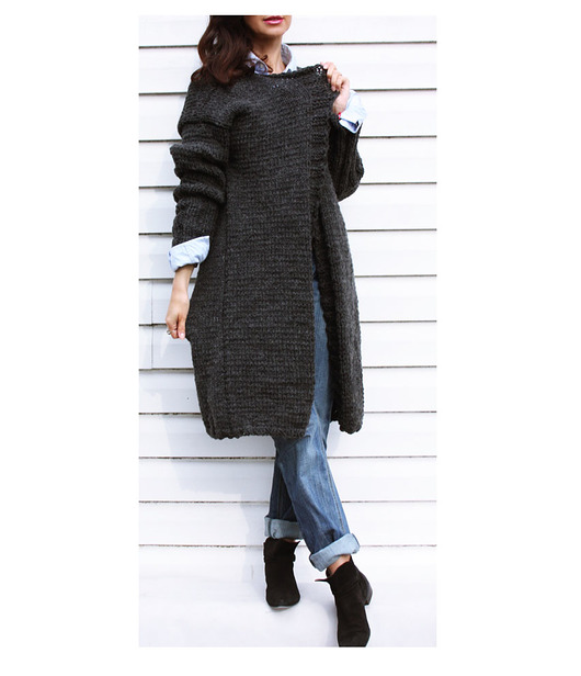 kardigany damskie Szary sweter  Oversize z wełną