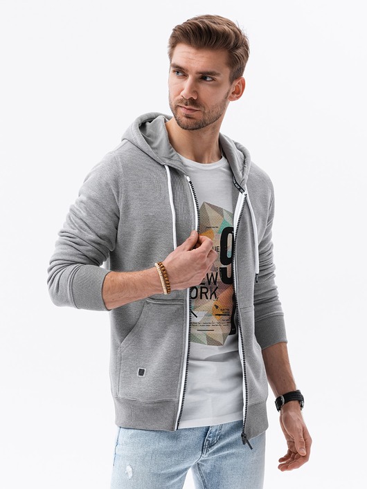bluzy męskie Bluza męska rozpinana z kapturem BASIC - szary melanż V7 B977