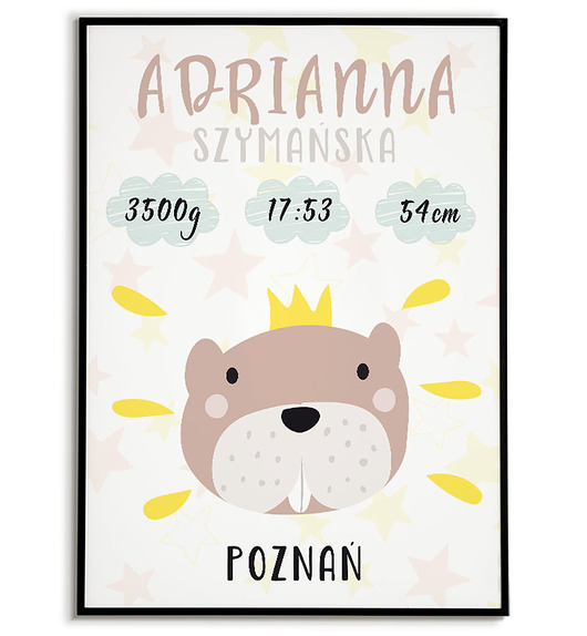 Metryczka z bobrem i koroną dla dziecka Bajkowe Obrazki