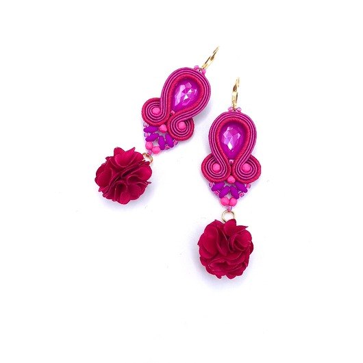kolczyki soutache Rose kolczyki sutasz różowe lekkie wiosenne z kryształkiem i kwiatkiem