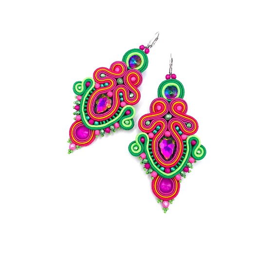 kolczyki soutache Tilla kolczyki sutasz zielono różowe wiosenne barwne z kryształkami