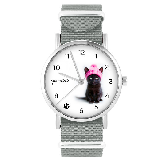 zegarki damskie Zegarek - Czarny kotek - szary, nylonowy