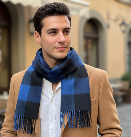 tuby i kominy Szalik Męski Granatowy Niebieski Kratka Wełna