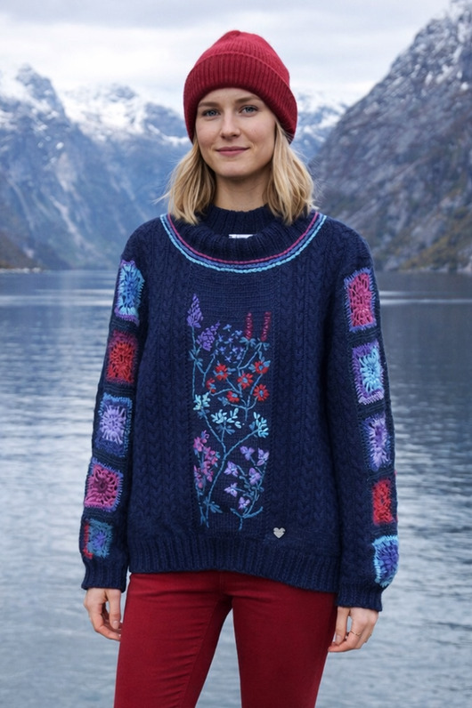 swetry damskie  Granatowy sweter z haftami w rozmiarze L/XL