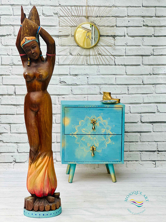 szafki Turkusowa szafka z mandalą, orientalna, ciekawe uchwyty, wysyłka