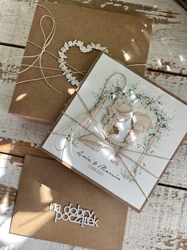 zaproszenia i kartki na ślub Wyjątkowa kartka ślubna, na ślub w pudełku ręcznie robiona