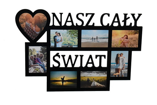 ramki na zdjęcia Multirama ramka na zdjęcia z napisem Nasz Cały Świat mdf 8 zdjęć serce