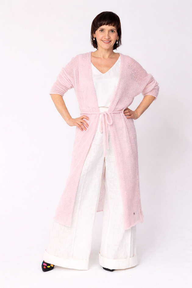 kardigany damskie Długi kardigan wełniany z paskiem - Jasny różowy