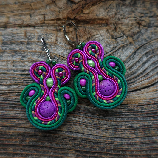kolczyki soutache Zieleń, fuksja i cyklamen- kolczyki sutasz