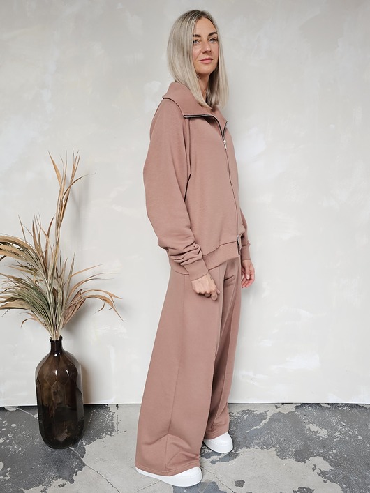 komplety damskie Katya bluza na zamek i spodnie z przeszyciem mokka