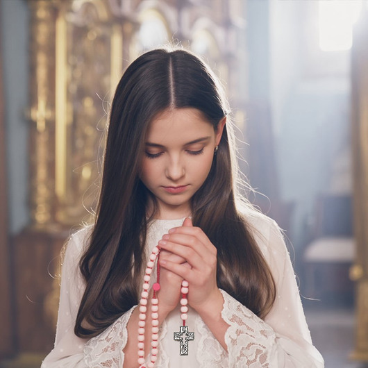 komunia - pozostałe Ręcznie robiony różowy różaniec, I Komunia Święta, Serce Jezusa