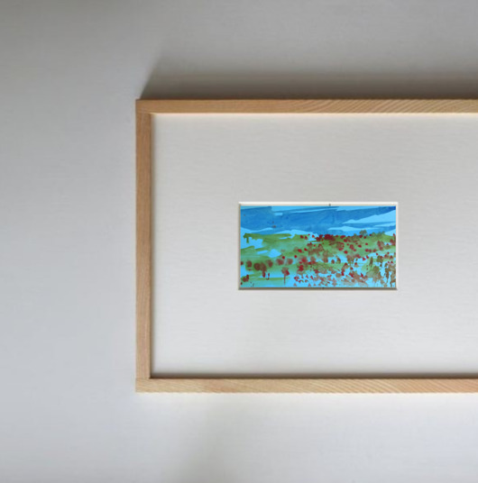 obrazy Akwarela Pejzaż maki oryginalny obraz niebieski papier 10,5x22 cm