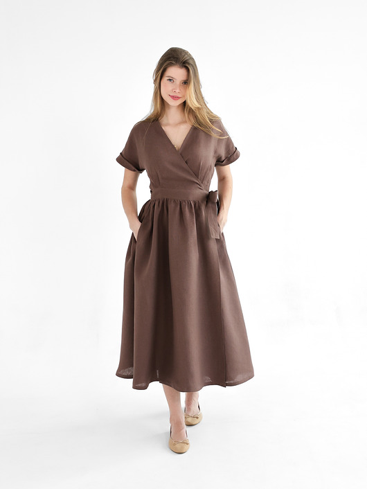 sukienki midi damskie Lniana Sukienka JASMINE DARK CHOCOLATE